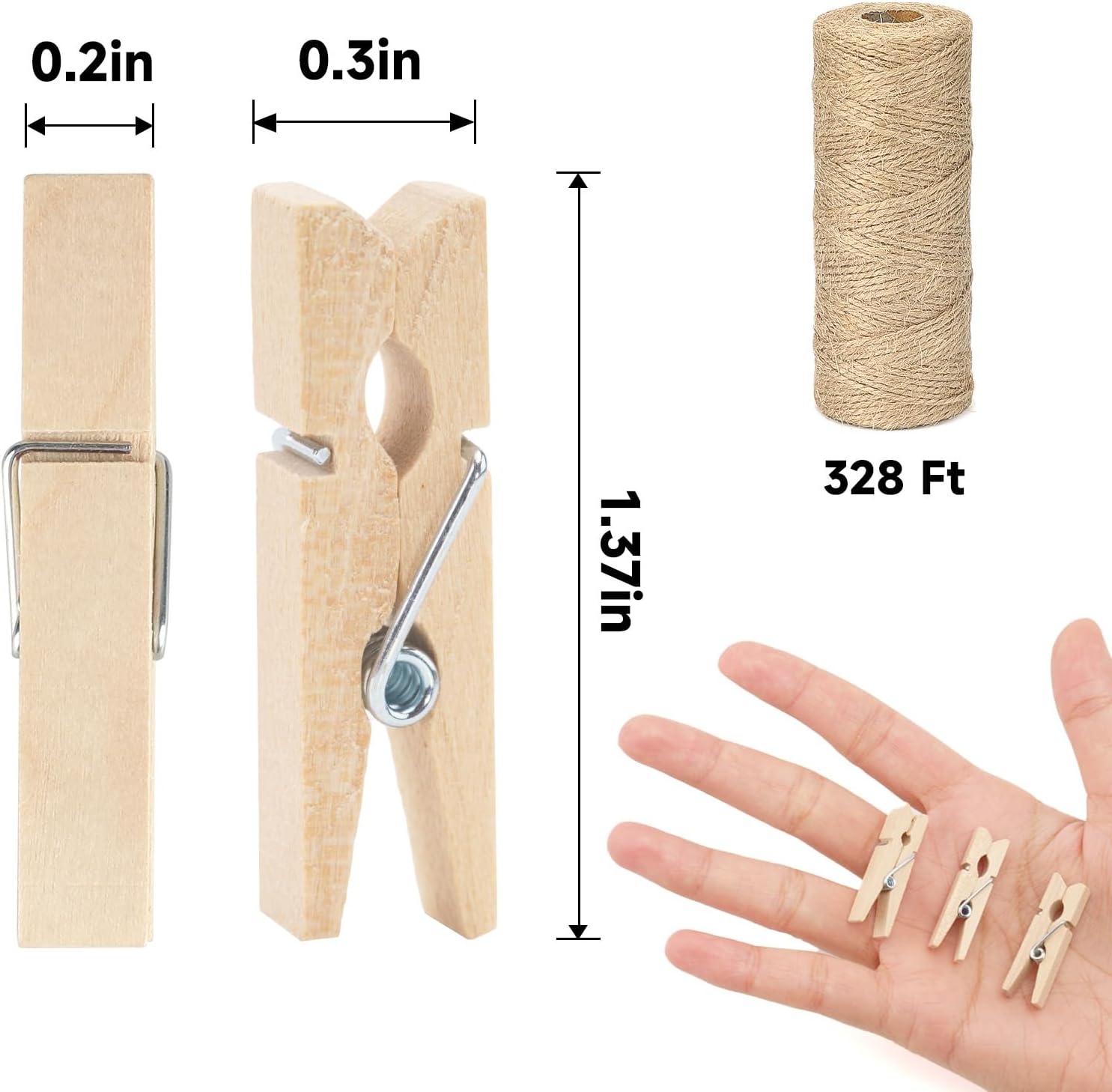 Mini Wooden Clothespins with Jute Twine