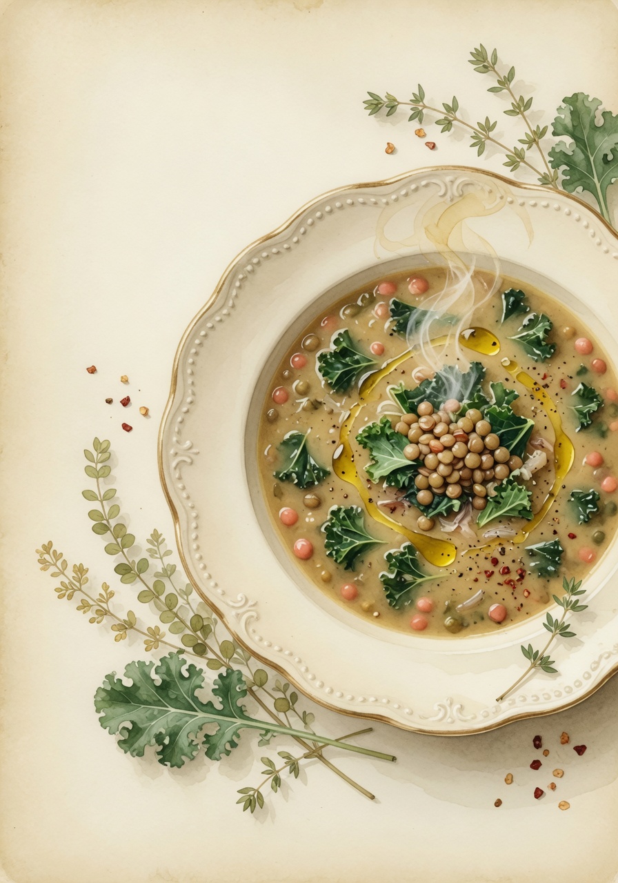Watercolor of lentil and kale soup with garden herbs