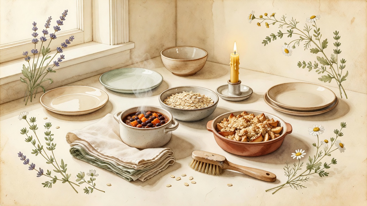 Watercolor cozy clean kitchen counter with chili, oats, linens, and candlelight