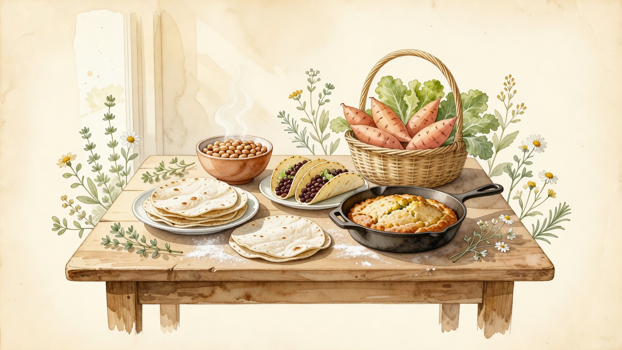 Watercolor corn tortillas, beans, cornbread, and garden basket