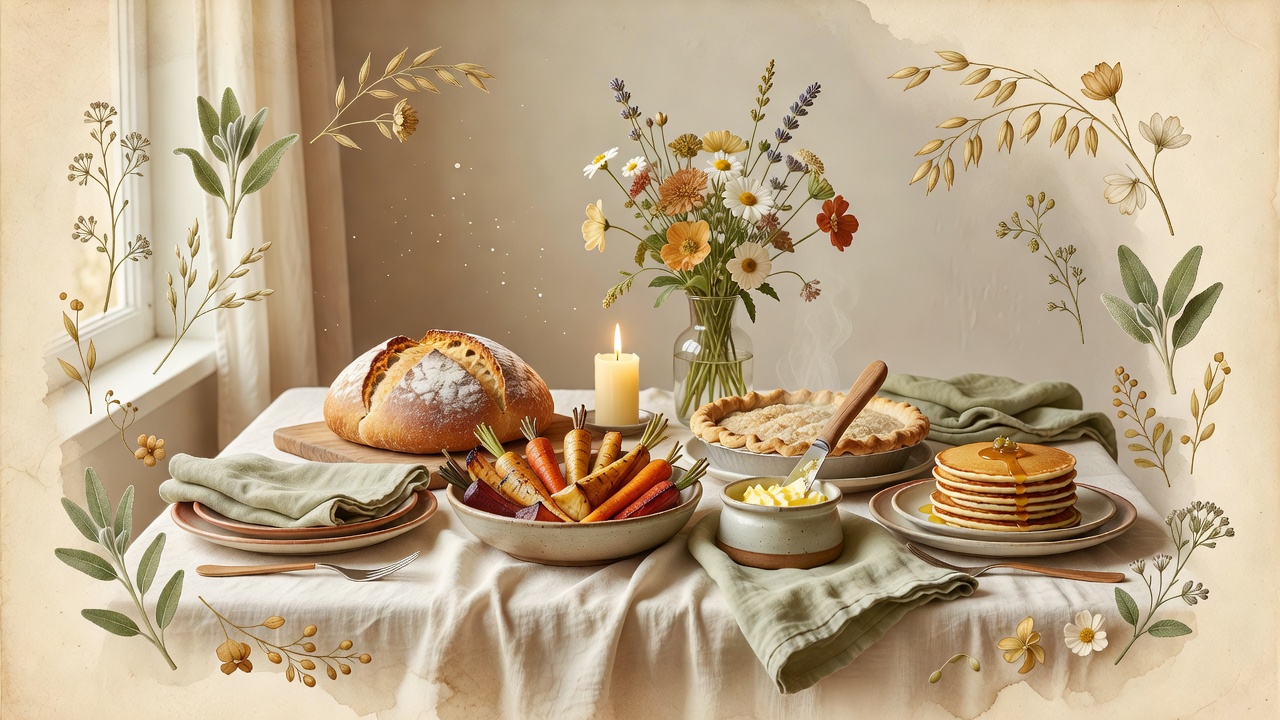 Watercolor Sunday feast table with bread, roast vegetables, candlelight, and flowers