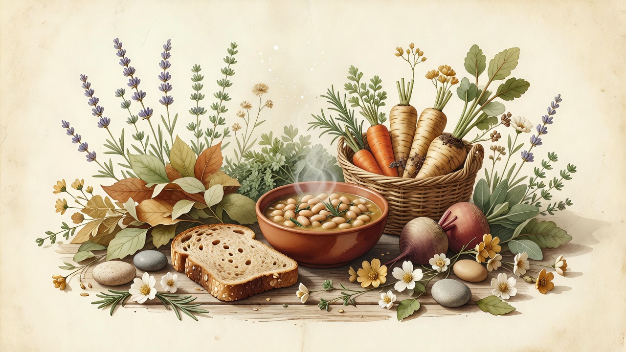Watercolor rye toast, white bean stew, herbs, and gathered leaves