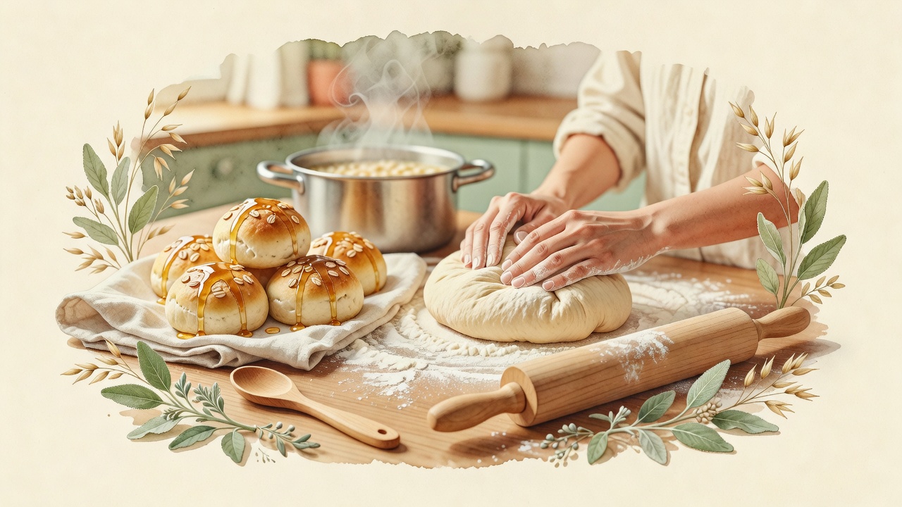 Watercolor bread dough and rolls for baking day