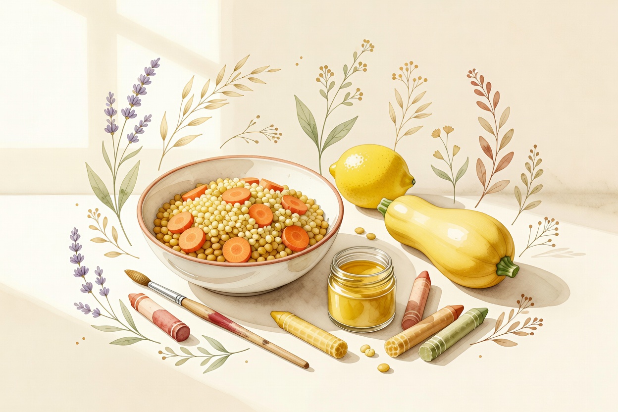 Watercolor golden lentils, millet, carrots, and painting tools